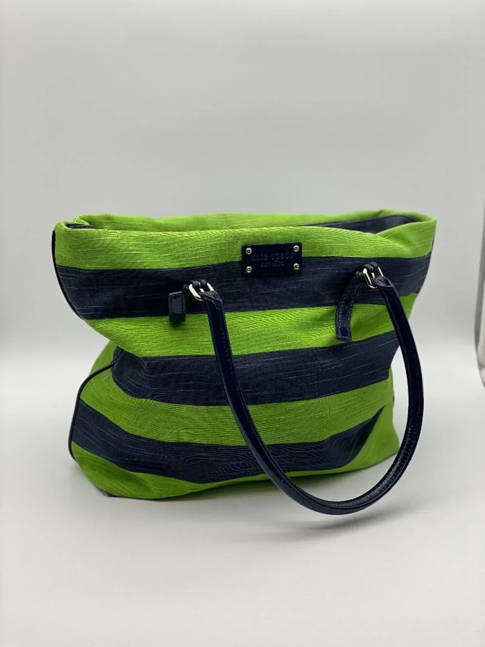 Kate Spade jubilee stripe tote bag green and navy with gold hardware
